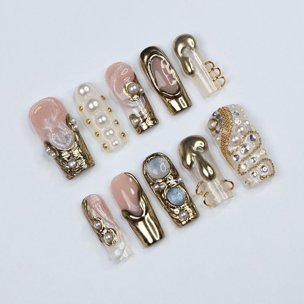 Opulent Drip Long Square Press-On Nails - Gold Molten Metal & Pearl, Handmade Luxury Nails For Couture Looks, Festivals Or Unique Gifts