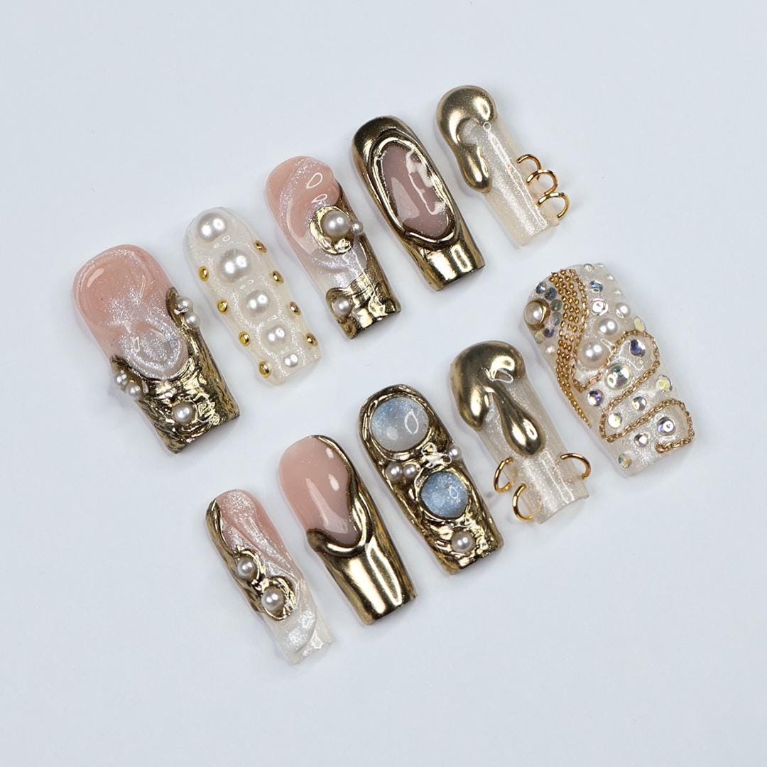 Opulent Drip Long Square Press-On Nails - Gold Molten Metal & Pearl, Handmade Luxury Nails For Couture Looks, Festivals Or Unique Gifts