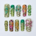 Botanica Long Square Press-On Nails - Vibrant Green & Floral 3D Nail Set, Handmade Nails for Fairy-Tale Looks and Weddings Or Gift For Her