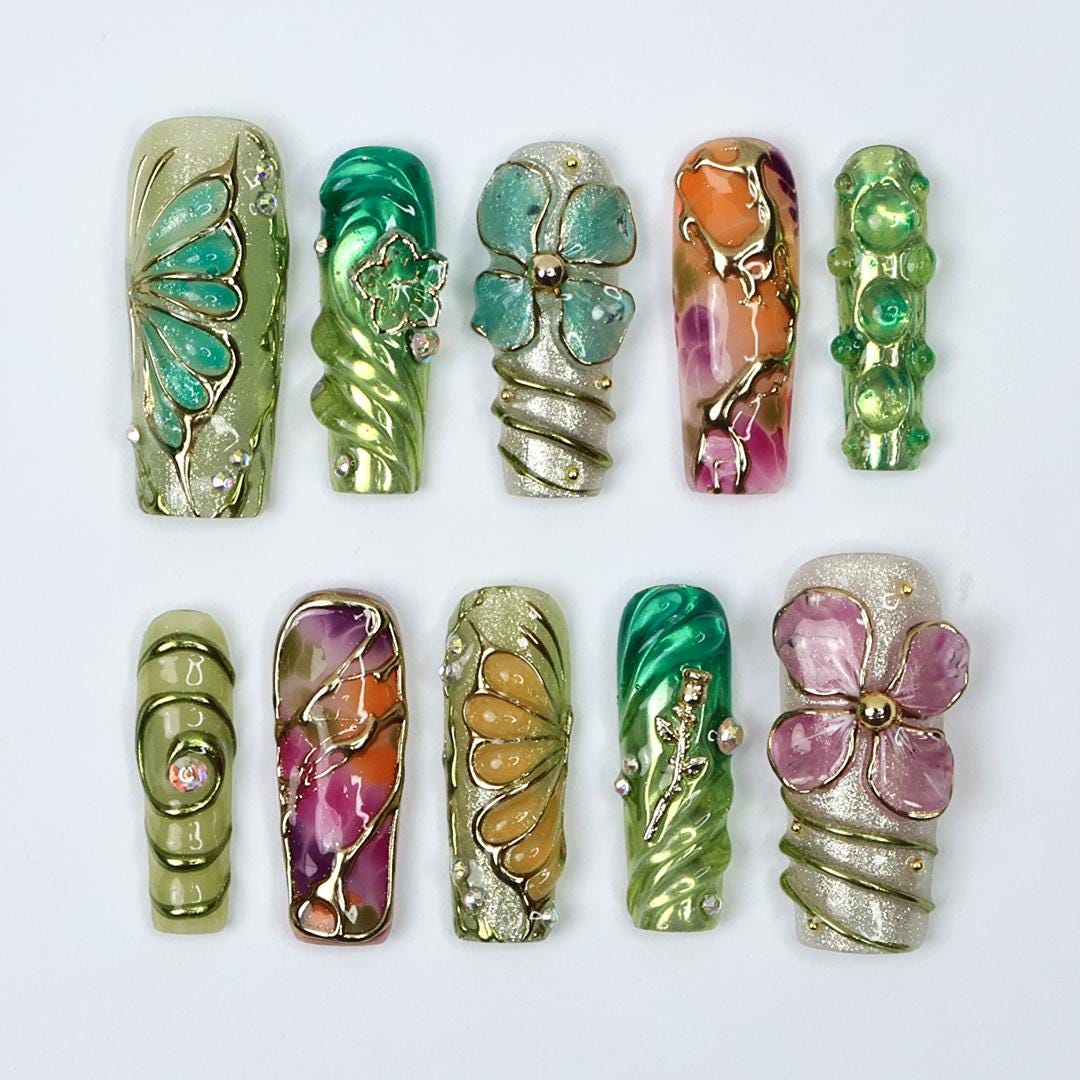 Botanica Long Square Press-On Nails - Vibrant Green & Floral 3D Nail Set, Handmade Nails for Fairy-Tale Looks and Weddings Or Gift For Her