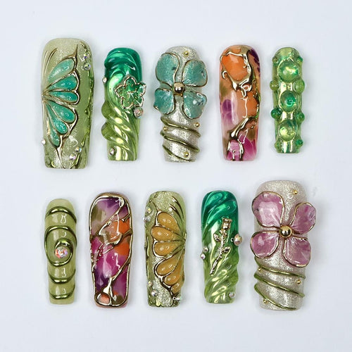 Botanica Long Square Press-On Nails - Vibrant Green & Floral 3D Nail Set, Handmade Nails for Fairy-Tale Looks and Weddings Or Gift For Her