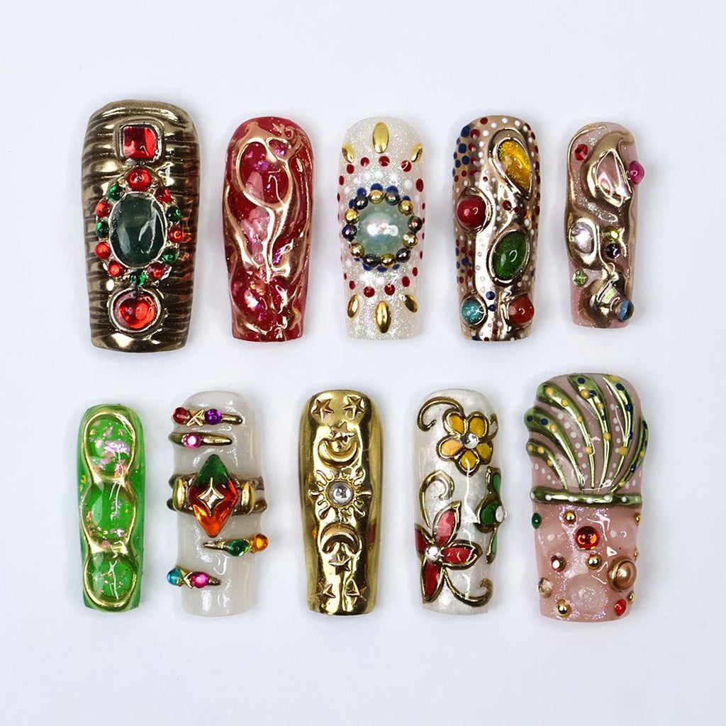 Regalia Press-On Nails - Royal-Inspired Red, Green & Gold Jewel Nail Set, Handmade Long Square Nails for Opulent Looks, Events and Gifts