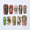 Regalia Press-On Nails - Royal-Inspired Red, Green & Gold Jewel Nail Set, Handmade Long Square Nails for Opulent Looks, Events and Gifts