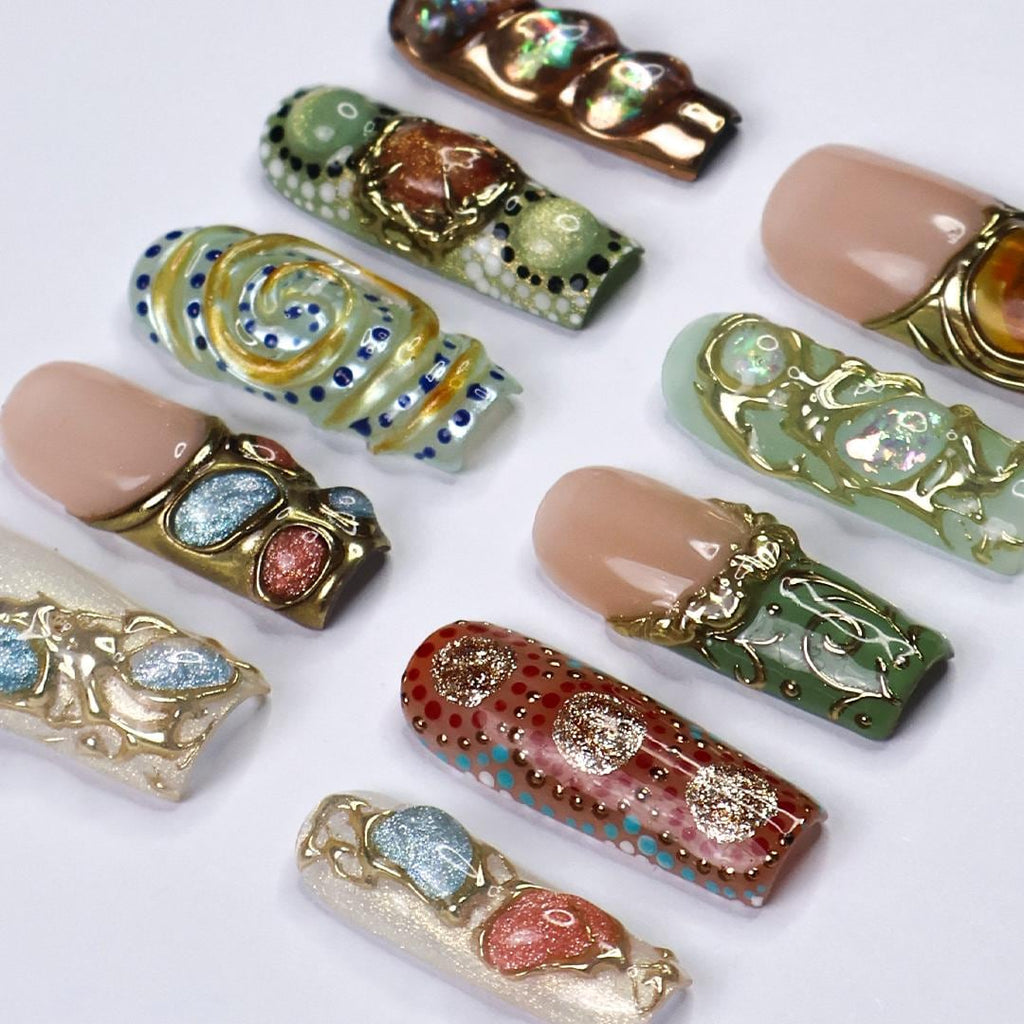 Arcanum Mystical Press-On Nails - 3D Gemstones, Gold Swirls & Artistic Details, Handmade Long Square Nails for Luxury and Unique Style