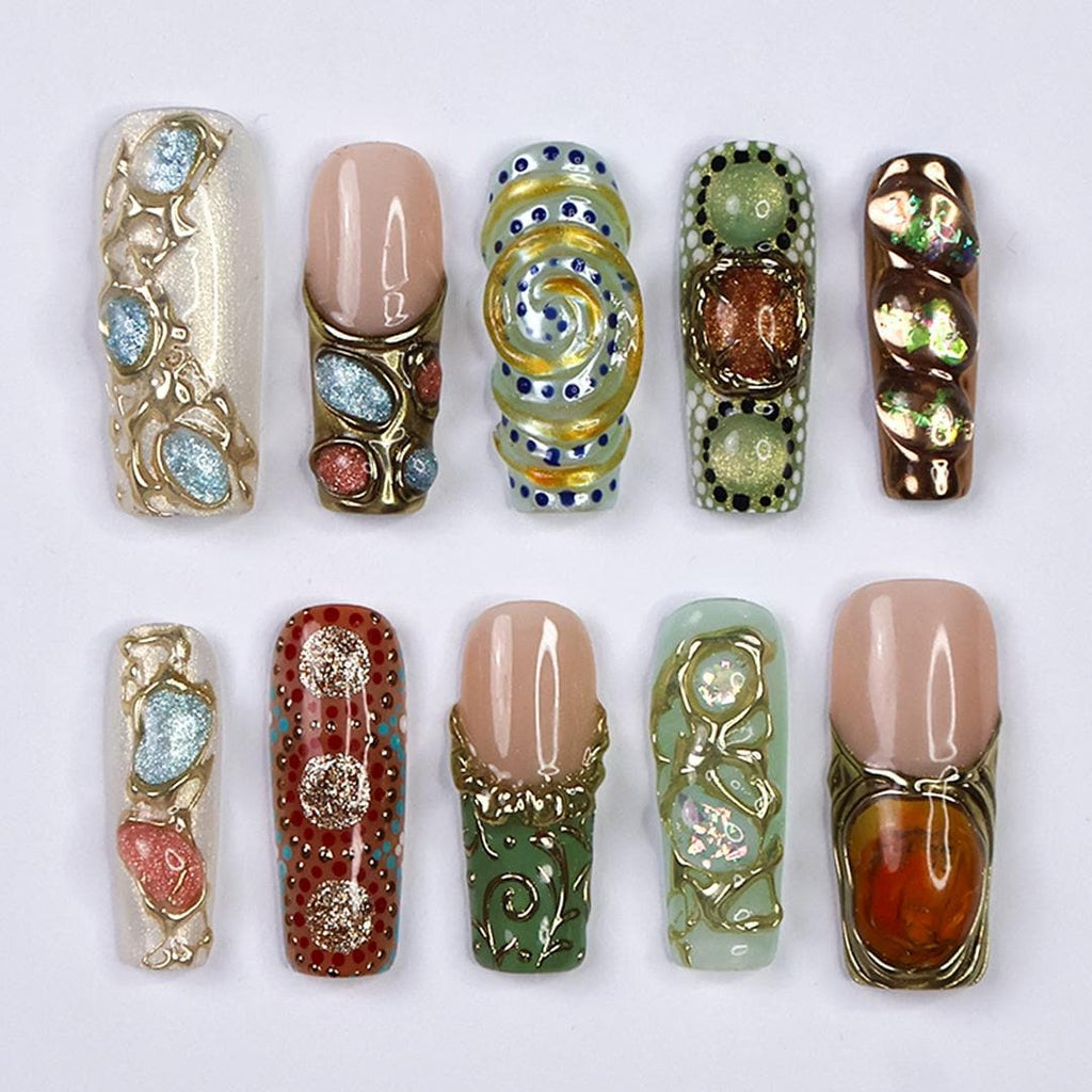 Arcanum Mystical Press-On Nails - 3D Gemstones, Gold Swirls & Artistic Details, Handmade Long Square Nails for Luxury and Unique Style