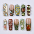 Arcanum Mystical Press-On Nails - 3D Gemstones, Gold Swirls & Artistic Details, Handmade Long Square Nails for Luxury and Unique Style