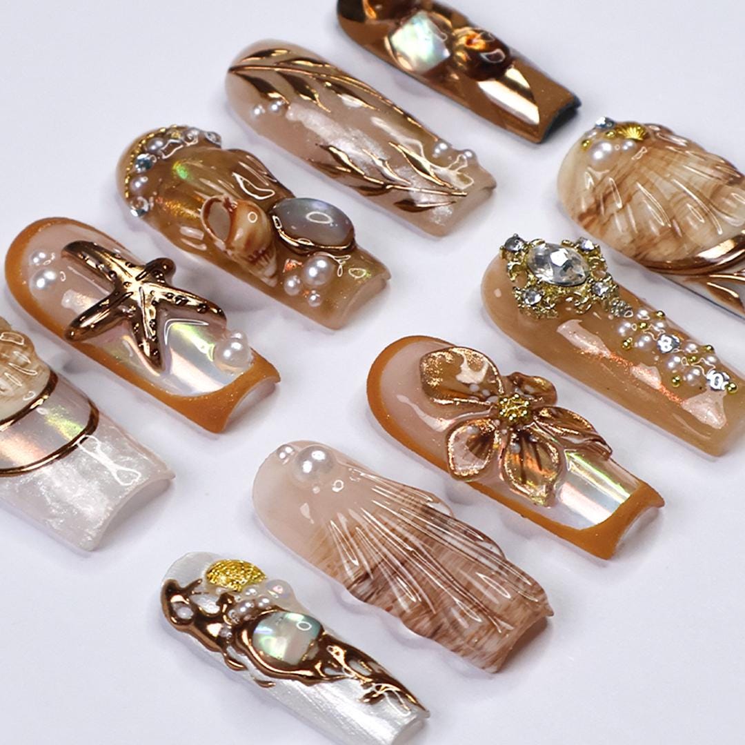 Seamyst Ocean-Inspired Press-On Nails - 3D Seashells, Pearls & Gold Details, Handmade Long Square Nails for Beach Lovers and Elegant Style
