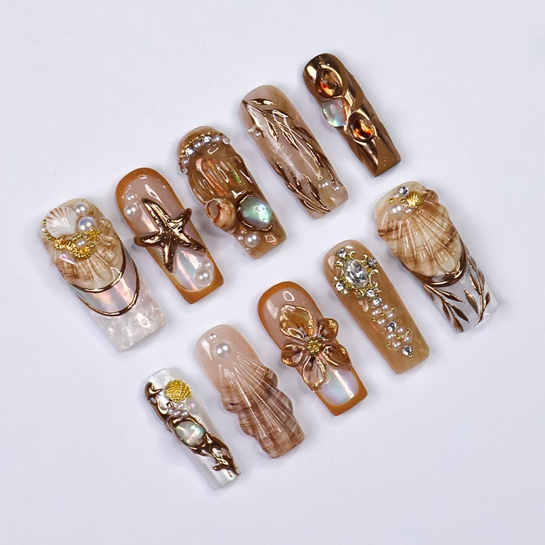 Seamyst Ocean-Inspired Press-On Nails - 3D Seashells, Pearls & Gold Details, Handmade Long Square Nails for Beach Lovers and Elegant Style