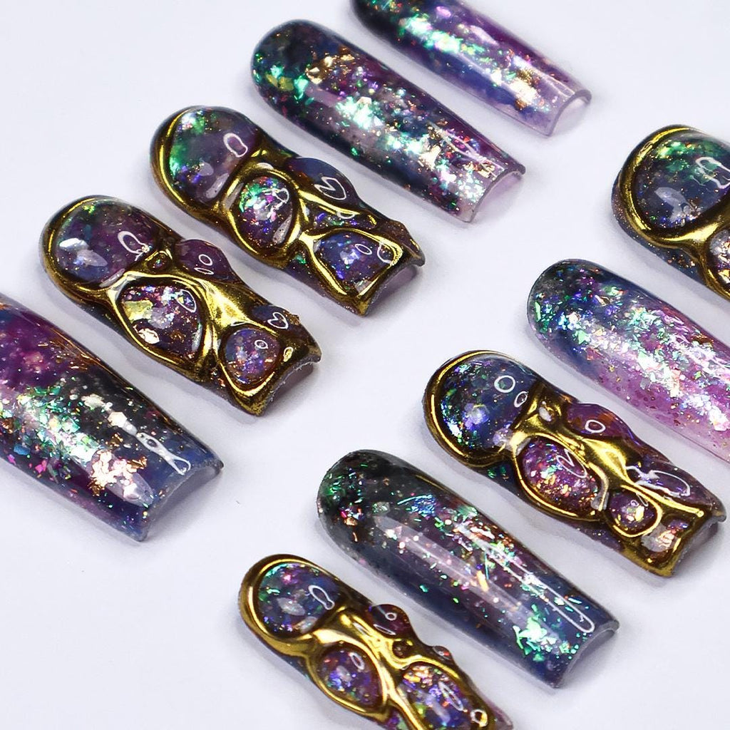Cosmique Galaxy Press-On Nails - 3D Gold Accents, Iridescent Flakes & Cosmic Hues, Handmade Long Coffin Nails for Futuristic Elegance