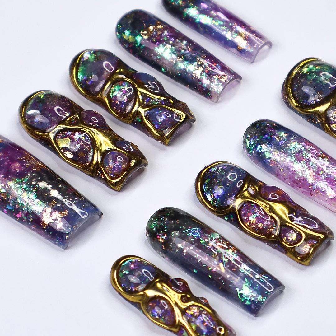 Cosmique Galaxy Press-On Nails - 3D Gold Accents, Iridescent Flakes & Cosmic Hues, Handmade Long Coffin Nails for Futuristic Elegance