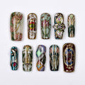 Vitrella Stained Glass Press-On Nails - 3D Gold Details, Floral Accents & Jewel Tones, Handmade Long Square Nails for Art and Vintage Lovers