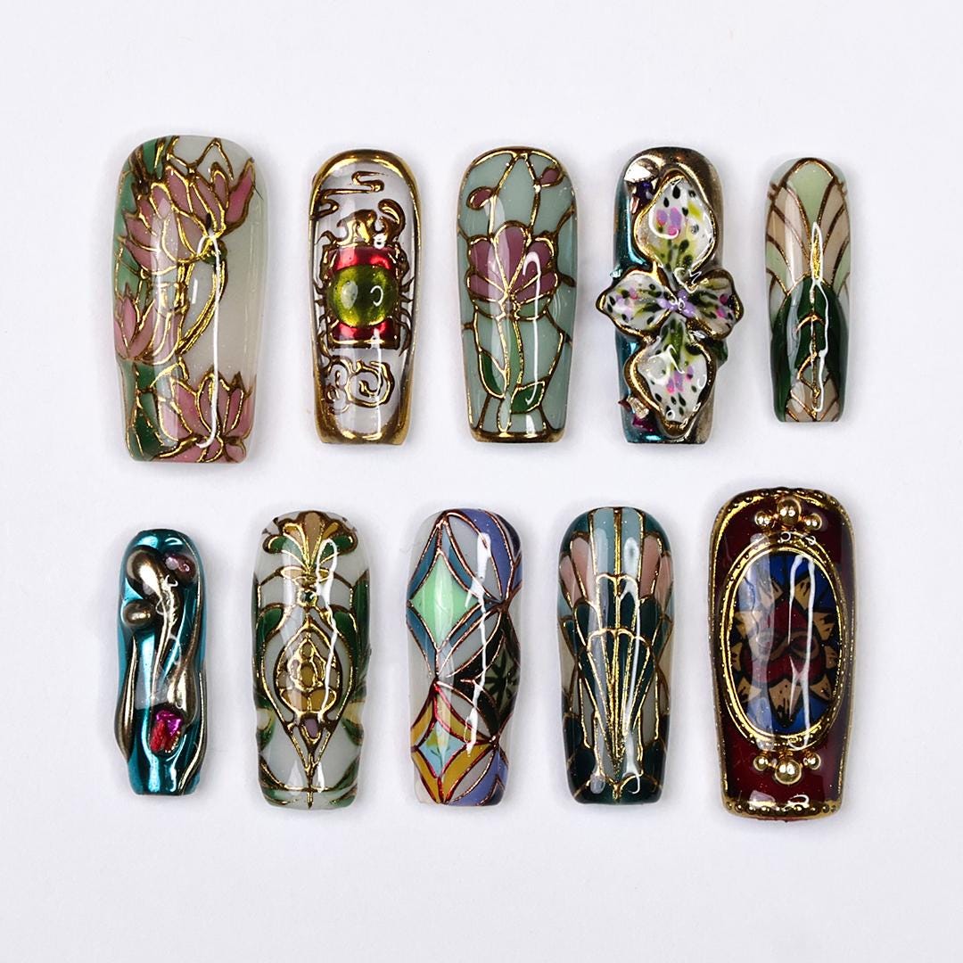 Vitrella Stained Glass Press-On Nails - 3D Gold Details, Floral Accents & Jewel Tones, Handmade Long Square Nails for Art and Vintage Lovers
