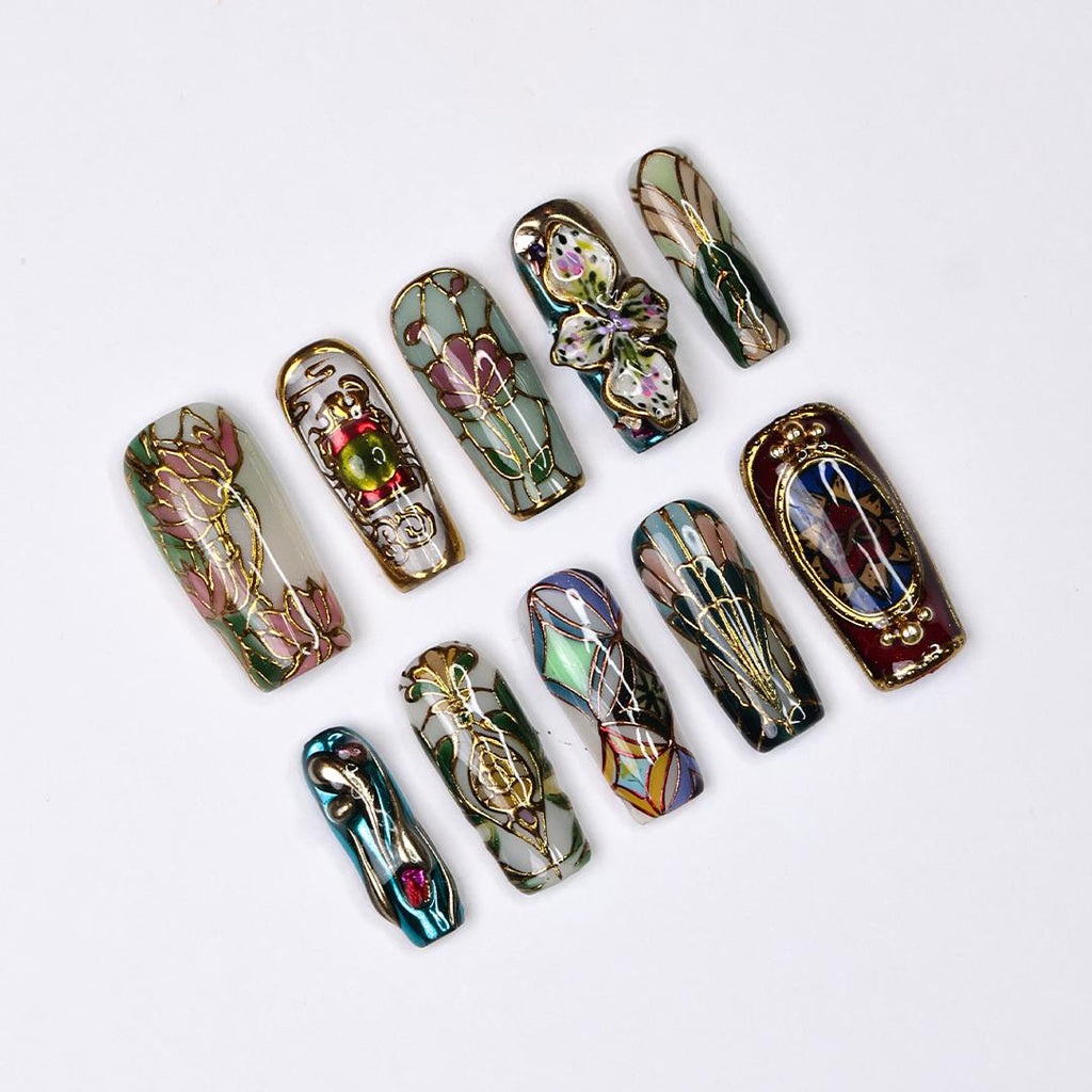 Vitrella Stained Glass Press-On Nails - 3D Gold Details, Floral Accents & Jewel Tones, Handmade Long Square Nails for Art and Vintage Lovers