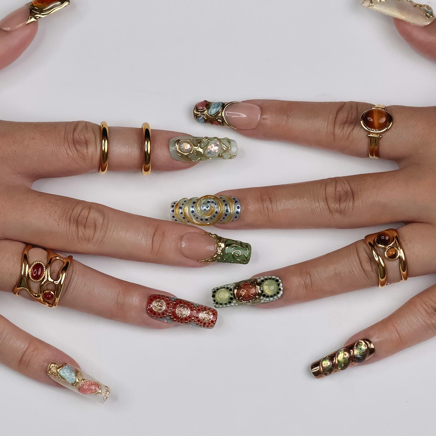 Arcanum Mystical Press-On Nails - 3D Gemstones, Gold Swirls & Artistic Details, Handmade Long Square Nails for Luxury and Unique Style
