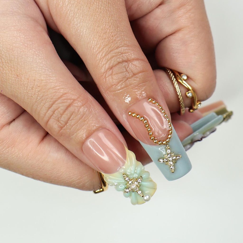 Elysian Romantic Press-On Nails - 3D Flowers, Gold & Pearl Details, Handmade Long Square Nails for Classic Elegance, Events and Gift For Her