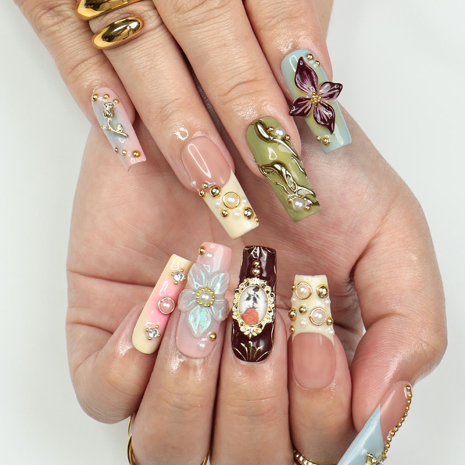 Elysian Romantic Press-On Nails - 3D Flowers, Gold & Pearl Details, Handmade Long Square Nails for Classic Elegance, Events and Gift For Her