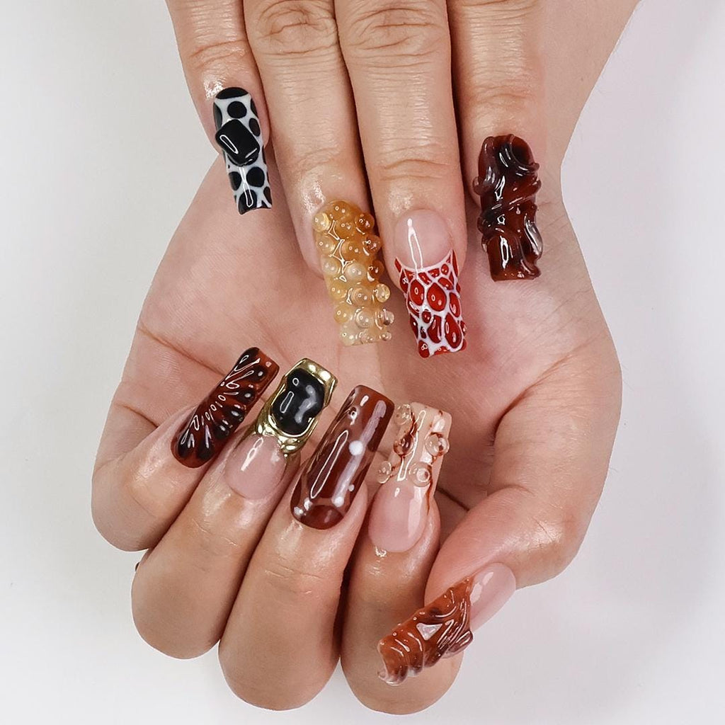 Molten Press-On Nails With Brown, Caramel & Black Abstract Nail Art, Long Square Set for Artistic Looks, Edgy Aesthetics and Unique Gifts