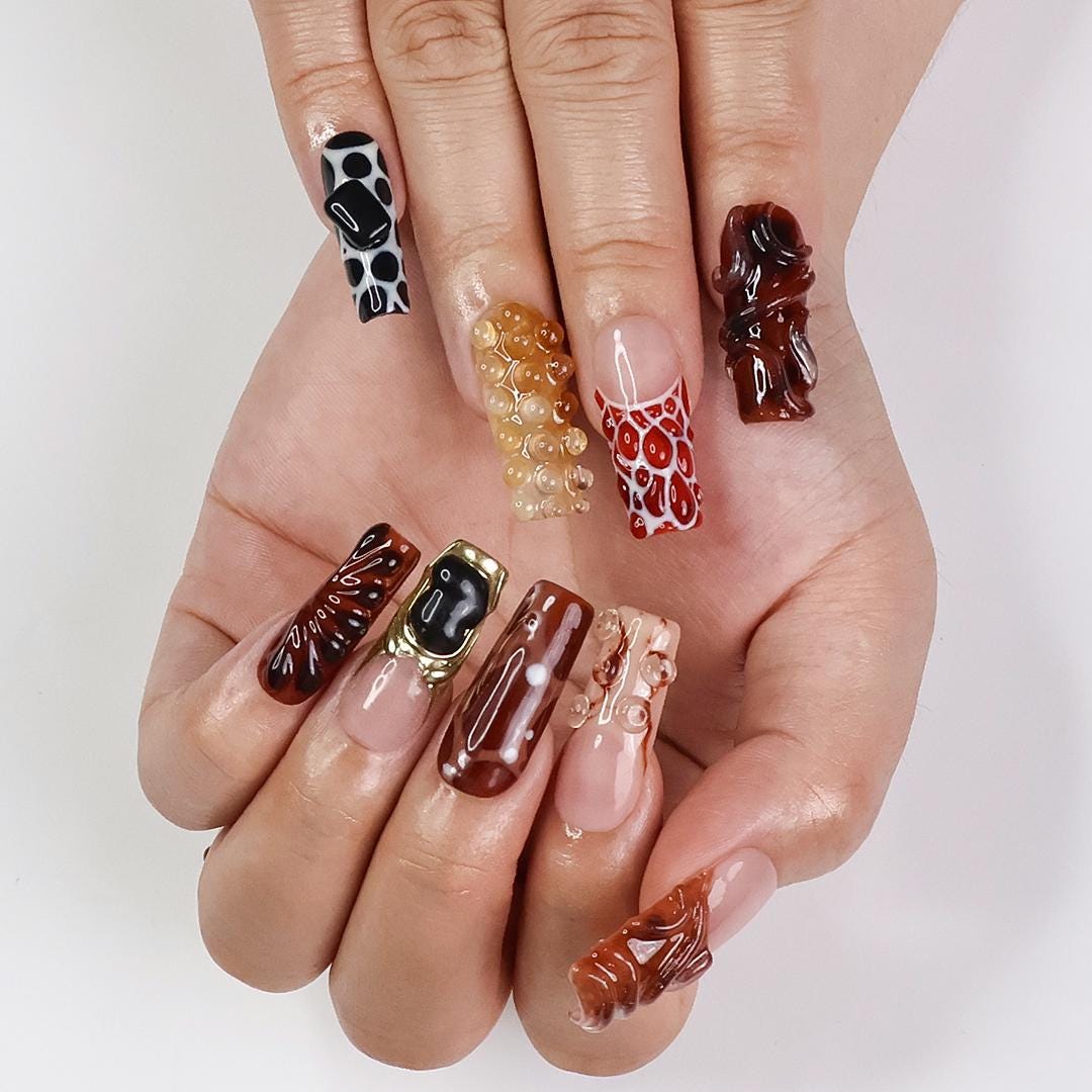 Molten Press-On Nails With Brown, Caramel & Black Abstract Nail Art, Long Square Set for Artistic Looks, Edgy Aesthetics and Unique Gifts