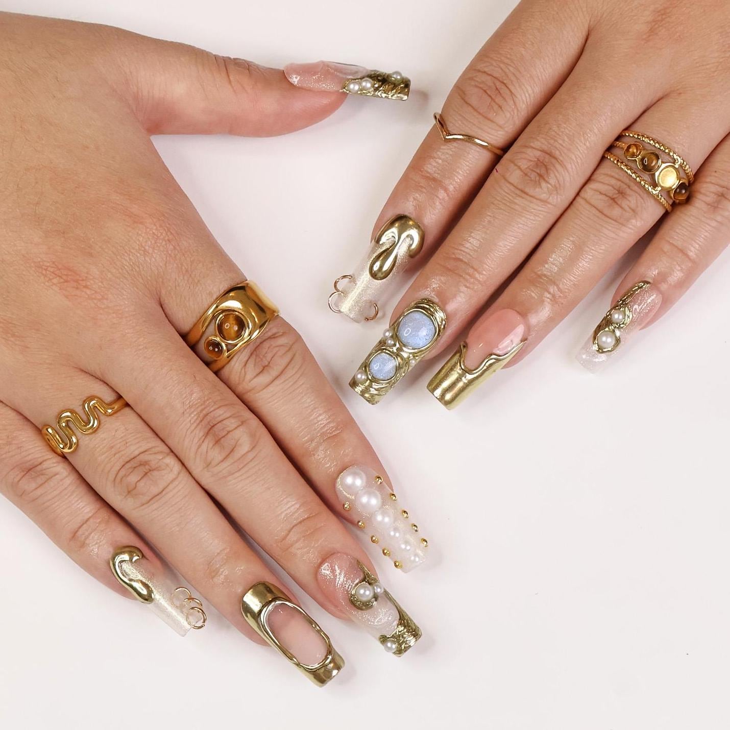 Opulent Drip Long Square Press-On Nails - Gold Molten Metal & Pearl, Handmade Luxury Nails For Couture Looks, Festivals Or Unique Gifts