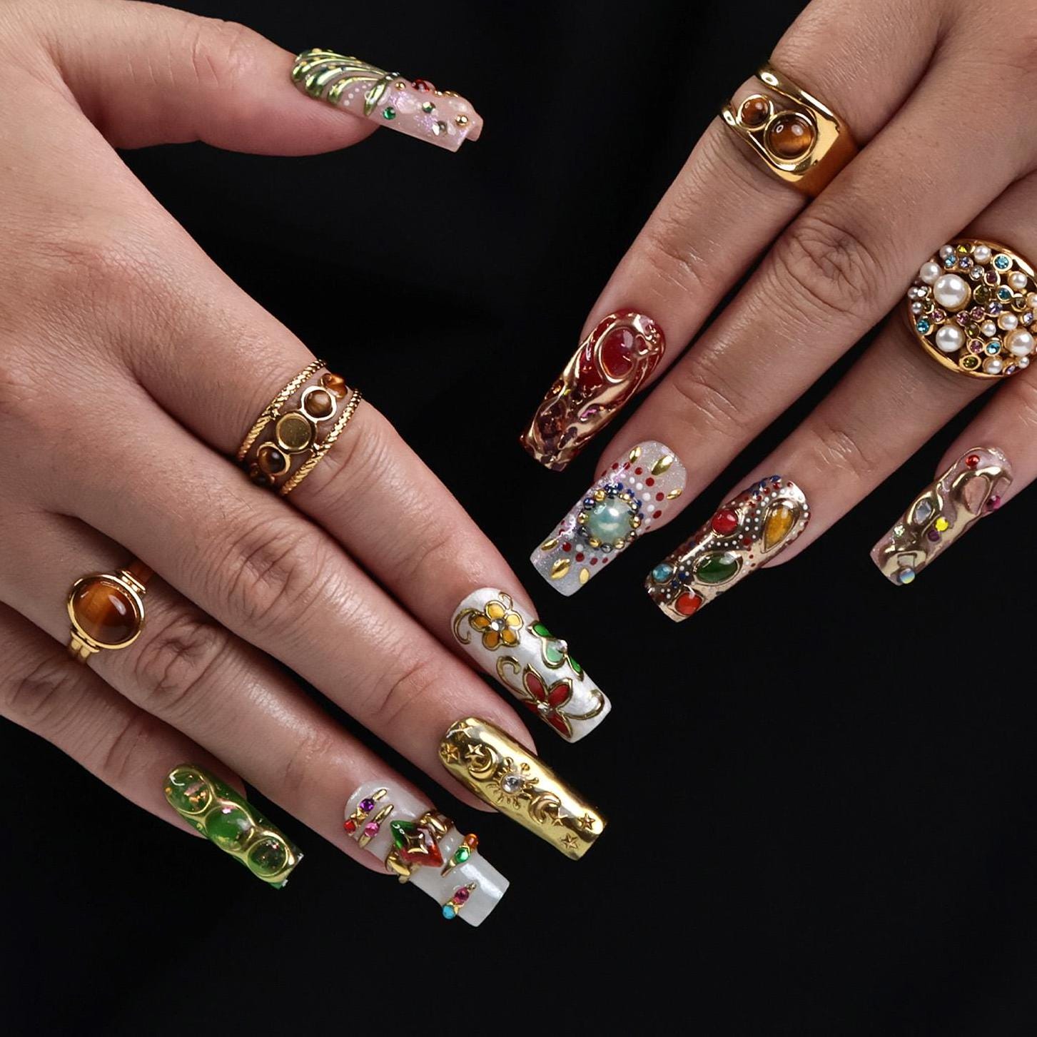 Regalia Press-On Nails - Royal-Inspired Red, Green & Gold Jewel Nail Set, Handmade Long Square Nails for Opulent Looks, Events and Gifts