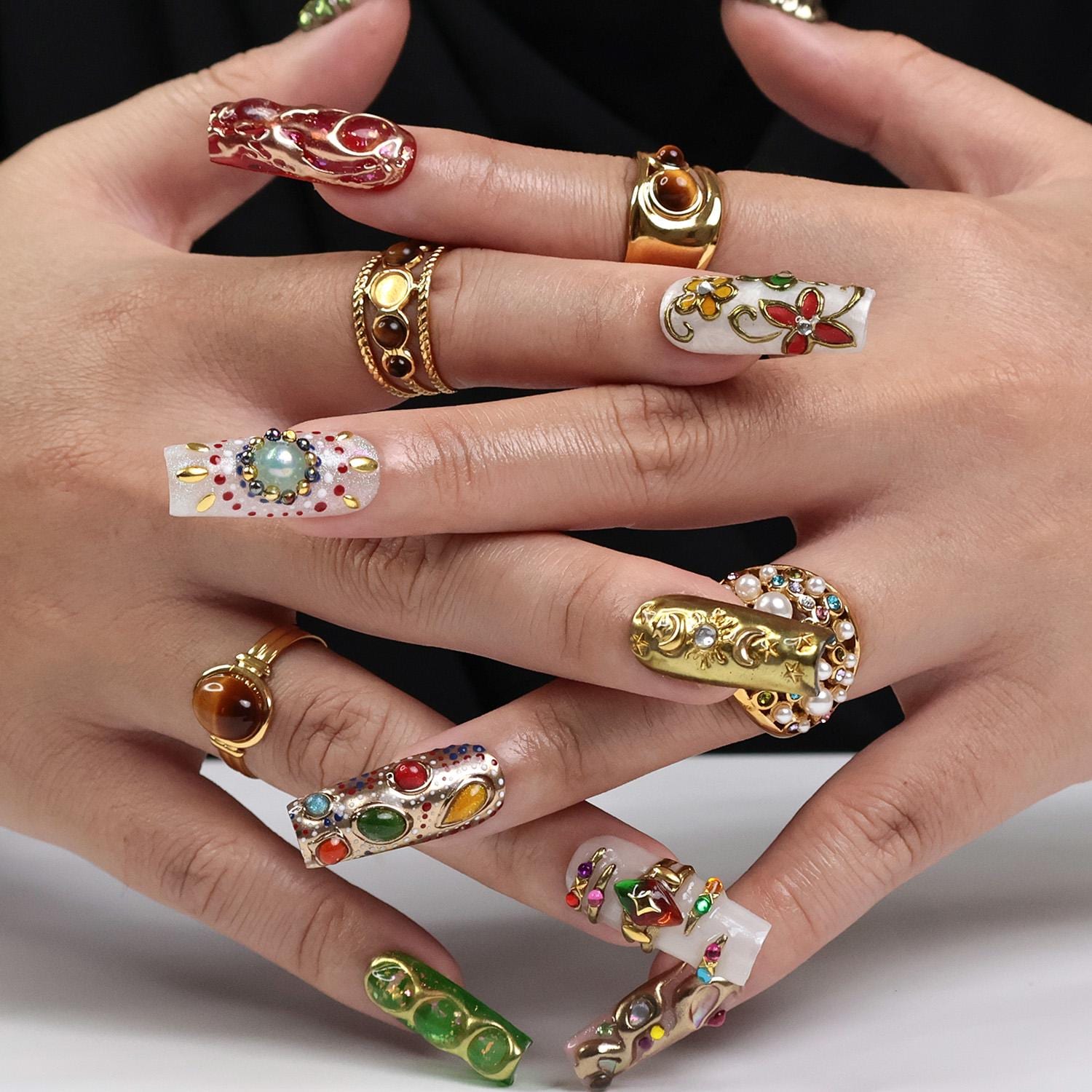Regalia Press-On Nails - Royal-Inspired Red, Green & Gold Jewel Nail Set, Handmade Long Square Nails for Opulent Looks, Events and Gifts