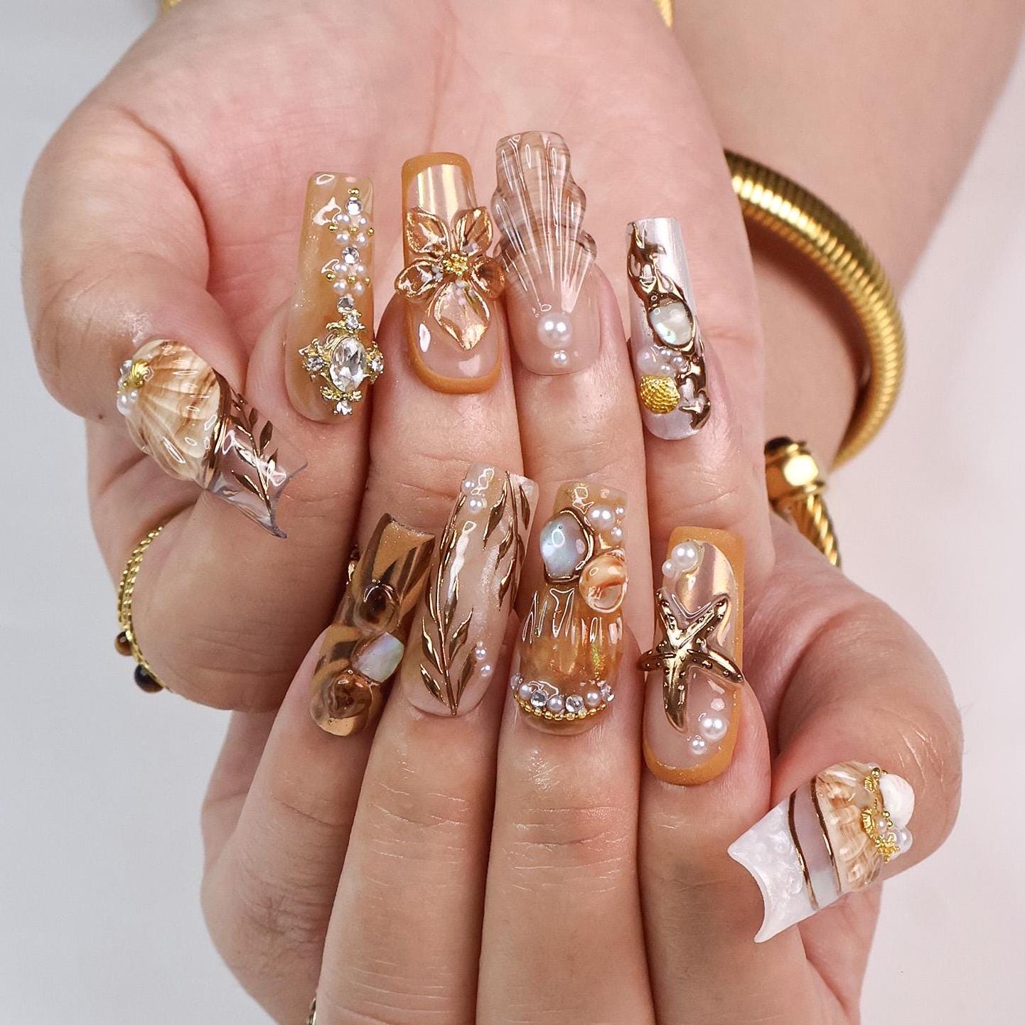 Seamyst Ocean-Inspired Press-On Nails - 3D Seashells, Pearls & Gold Details, Handmade Long Square Nails for Beach Lovers and Elegant Style