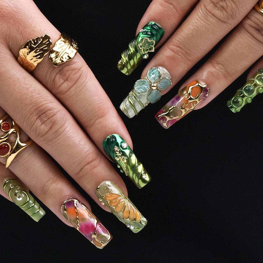 Botanica Long Square Press-On Nails - Vibrant Green & Floral 3D Nail Set, Handmade Nails for Fairy-Tale Looks and Weddings Or Gift For Her