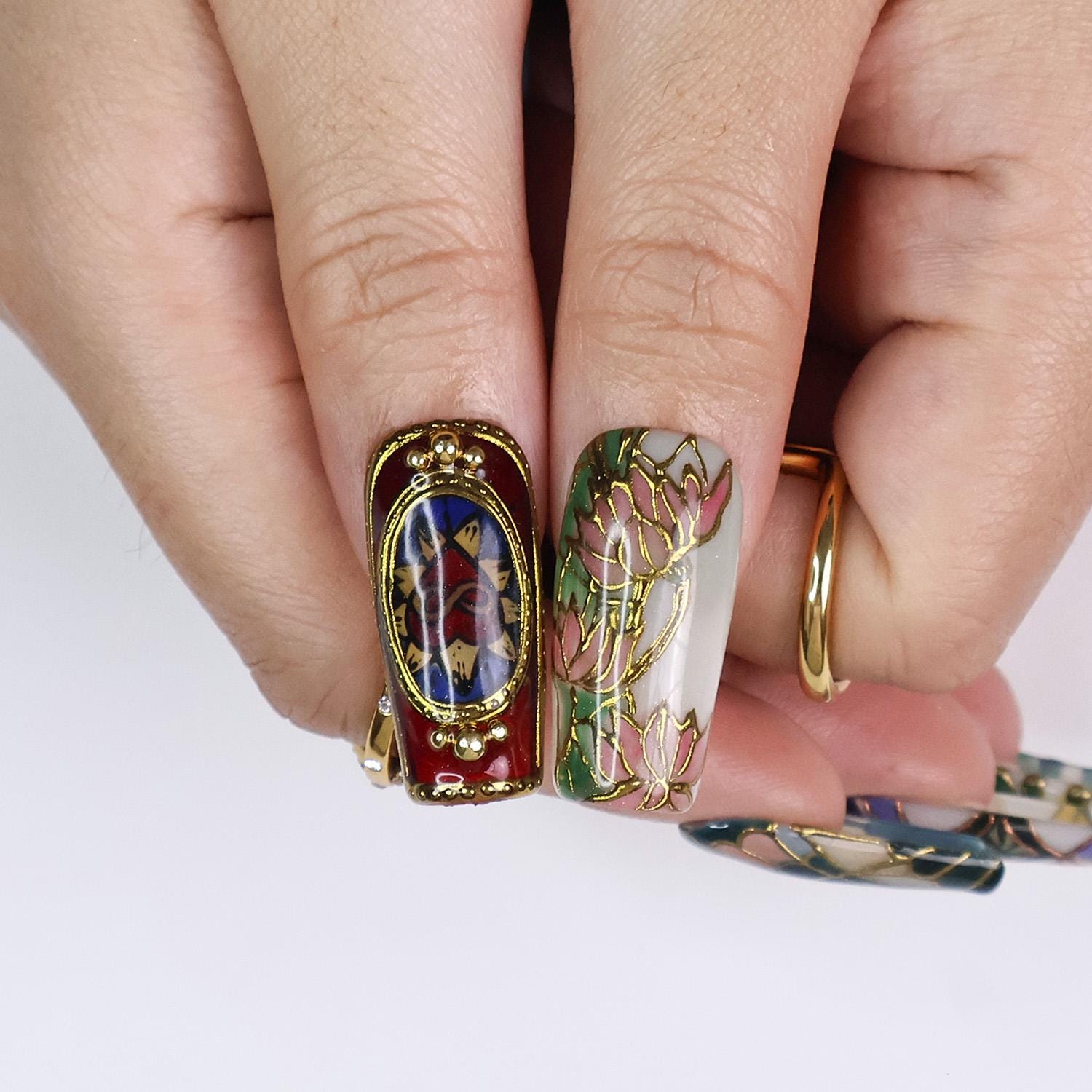 Vitrella Stained Glass Press-On Nails - 3D Gold Details, Floral Accents & Jewel Tones, Handmade Long Square Nails for Art and Vintage Lovers