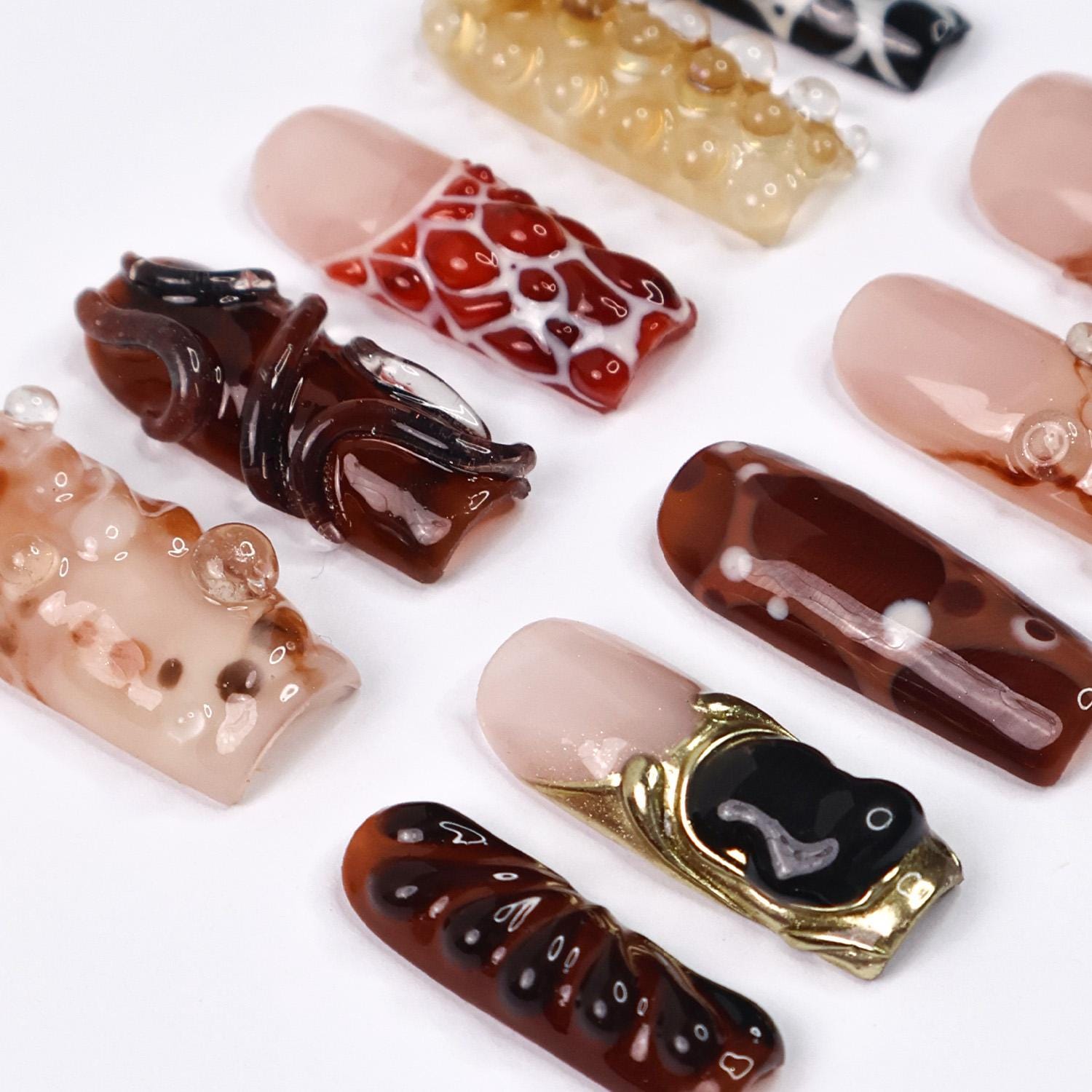 Molten Press-On Nails With Brown, Caramel & Black Abstract Nail Art, Long Square Set for Artistic Looks, Edgy Aesthetics and Unique Gifts