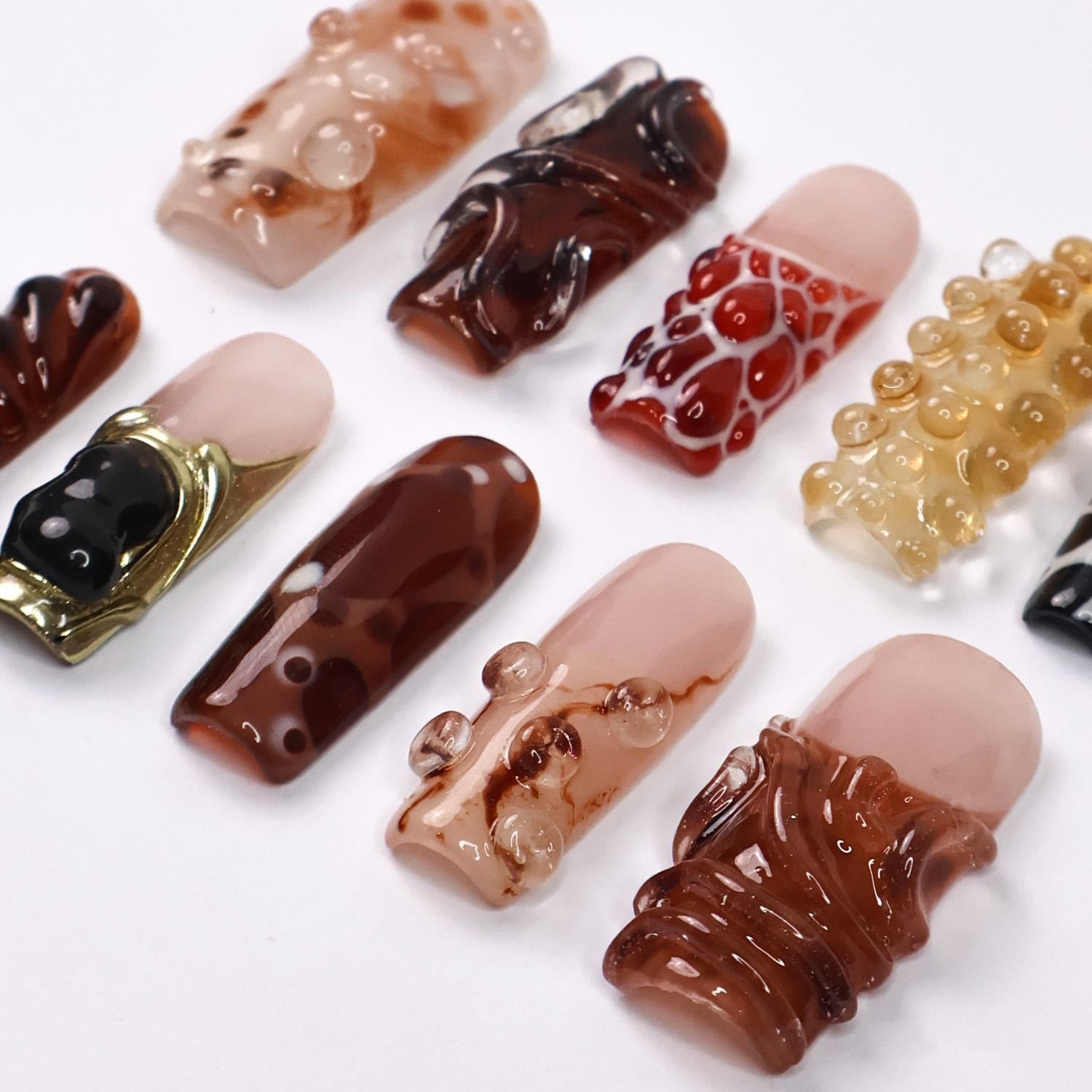 Molten Press-On Nails With Brown, Caramel & Black Abstract Nail Art, Long Square Set for Artistic Looks, Edgy Aesthetics and Unique Gifts