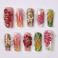 Press On Nails Petalia With Hibiscus | 3D Floral Fake Nails in Long Square | Handmade Spring Nail Art for Holiday, Vacation, Birthday