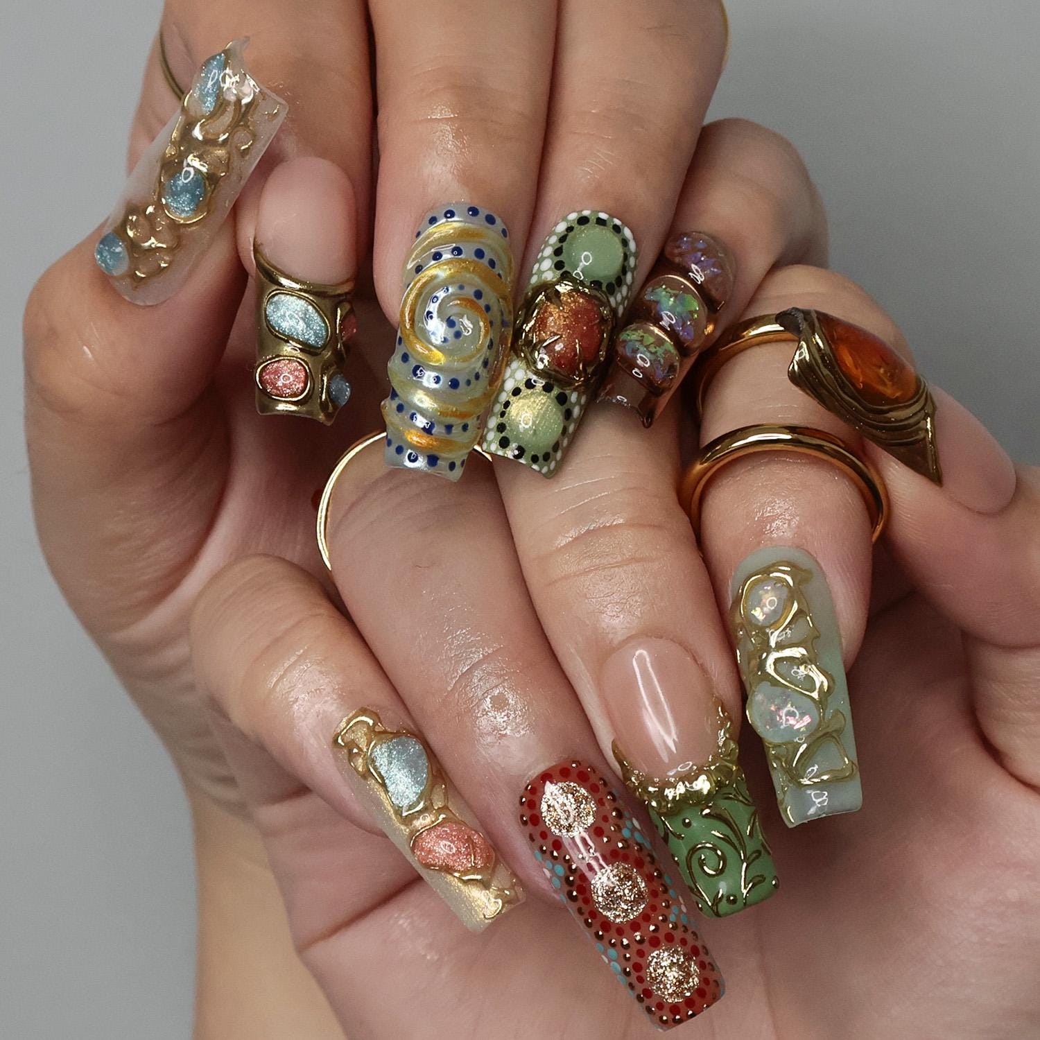 Arcanum Mystical Press-On Nails - 3D Gemstones, Gold Swirls & Artistic Details, Handmade Long Square Nails for Luxury and Unique Style