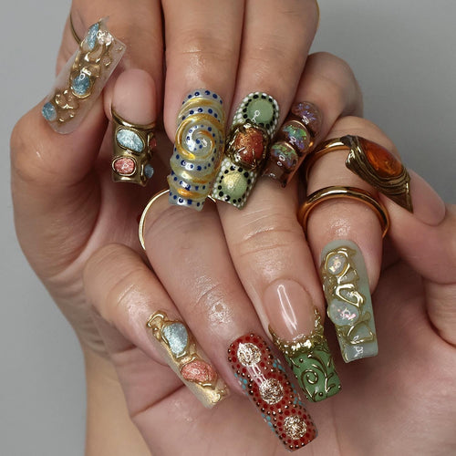 Arcanum Mystical Press-On Nails - 3D Gemstones, Gold Swirls & Artistic Details, Handmade Long Square Nails for Luxury and Unique Style