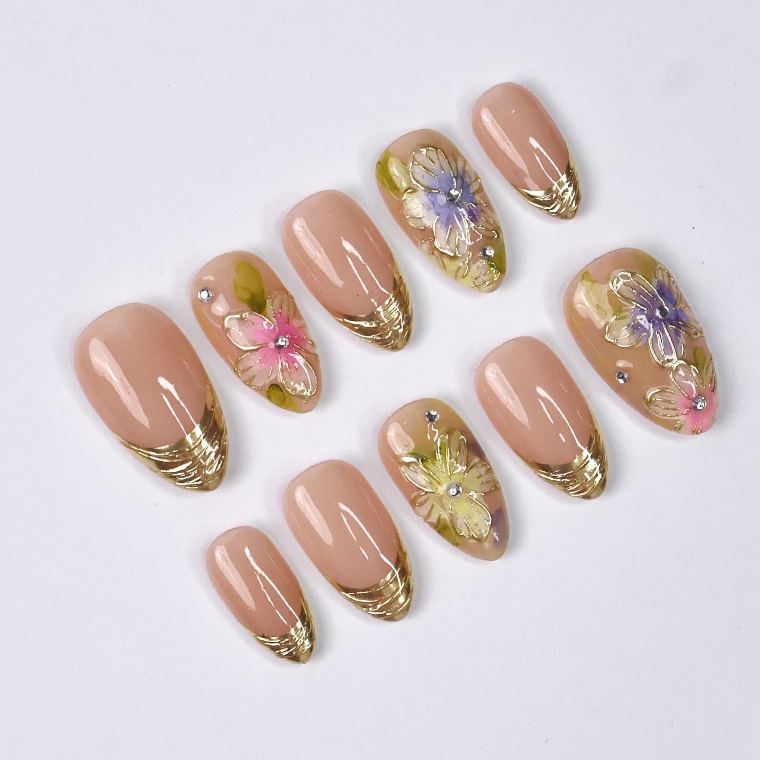 Press On Nails Rosette With Gold French Tip | Floral Fake Nails In Short Almond | Handmade Spring Nail Art for Holiday, Vacation, Birthday