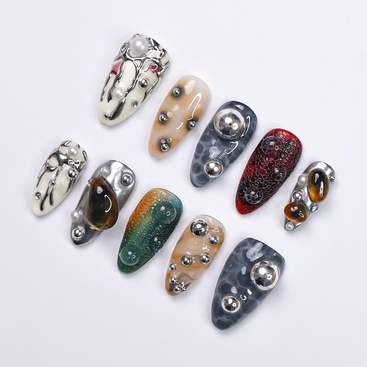 Press On Nails Galactic Gaze with Metallic Art | 3D Fake Nails in Medium Almond | Handmade Futuristic Nail Art for Holiday, Vacation, Gift