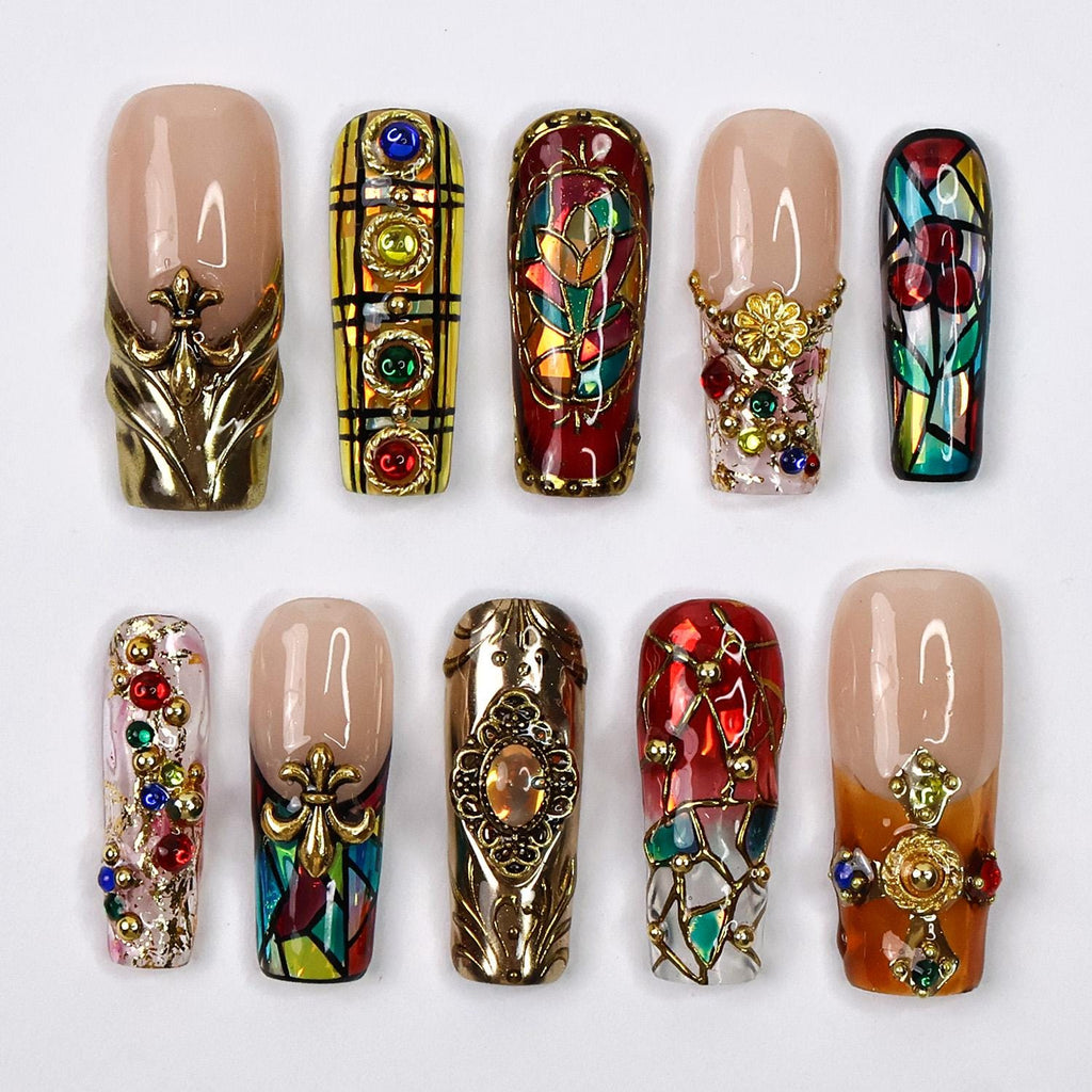 Press-On Nails Vitreaux with Stained Glass | Baroque 3D Fake Nails in Long Square | Handmade Gothic Nail Art for Holiday, Vacation, Birthday