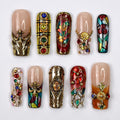 Press-On Nails Vitreaux with Stained Glass | Baroque 3D Fake Nails in Long Square | Handmade Gothic Nail Art for Holiday, Vacation, Birthday