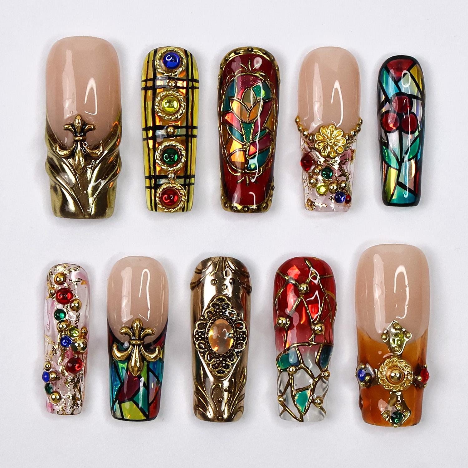 Press-On Nails Vitreaux with Stained Glass | Baroque 3D Fake Nails in Long Square | Handmade Gothic Nail Art for Holiday, Vacation, Birthday