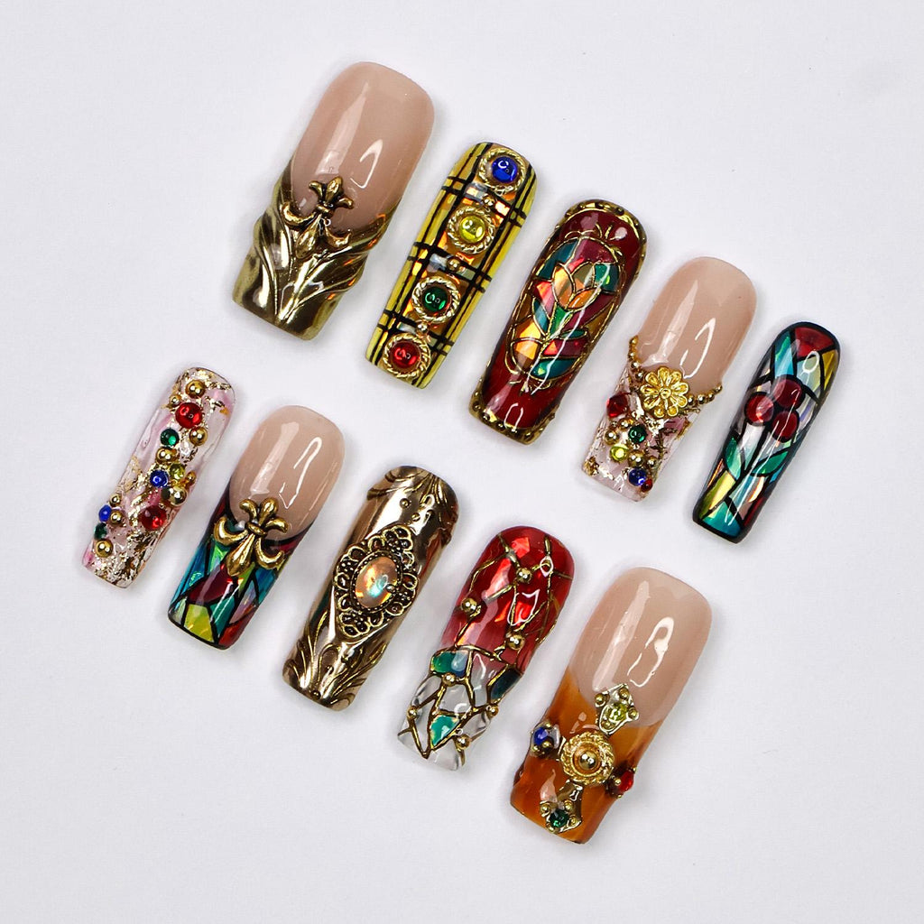 Press-On Nails Vitreaux with Stained Glass | Baroque 3D Fake Nails in Long Square | Handmade Gothic Nail Art for Holiday, Vacation, Birthday