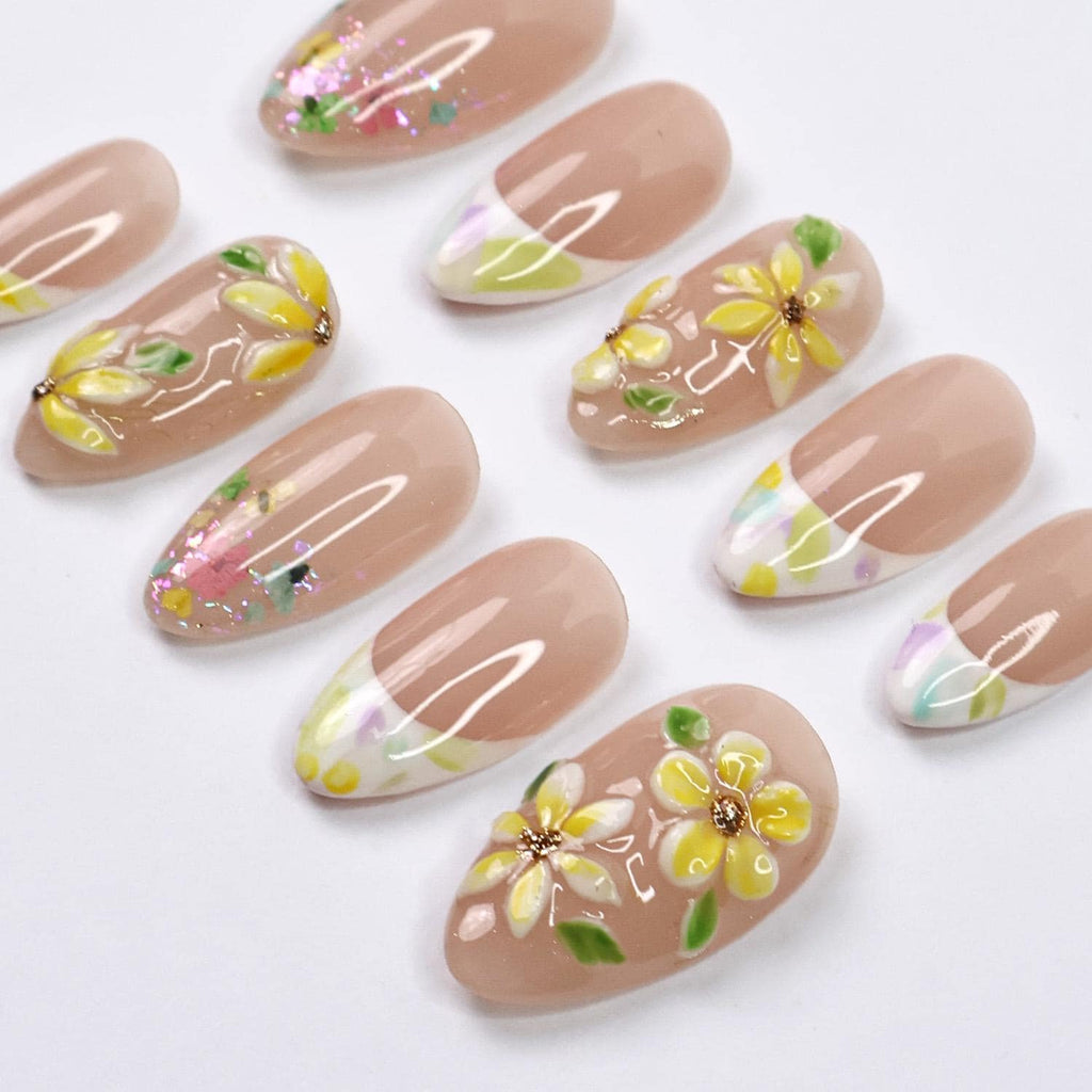 Press On Nails Sunpetal with 3D Plumeria | French Tips Fake Nails in Short Almond | Handmade Spring Nail Art for Holiday, Vacation, Birthday