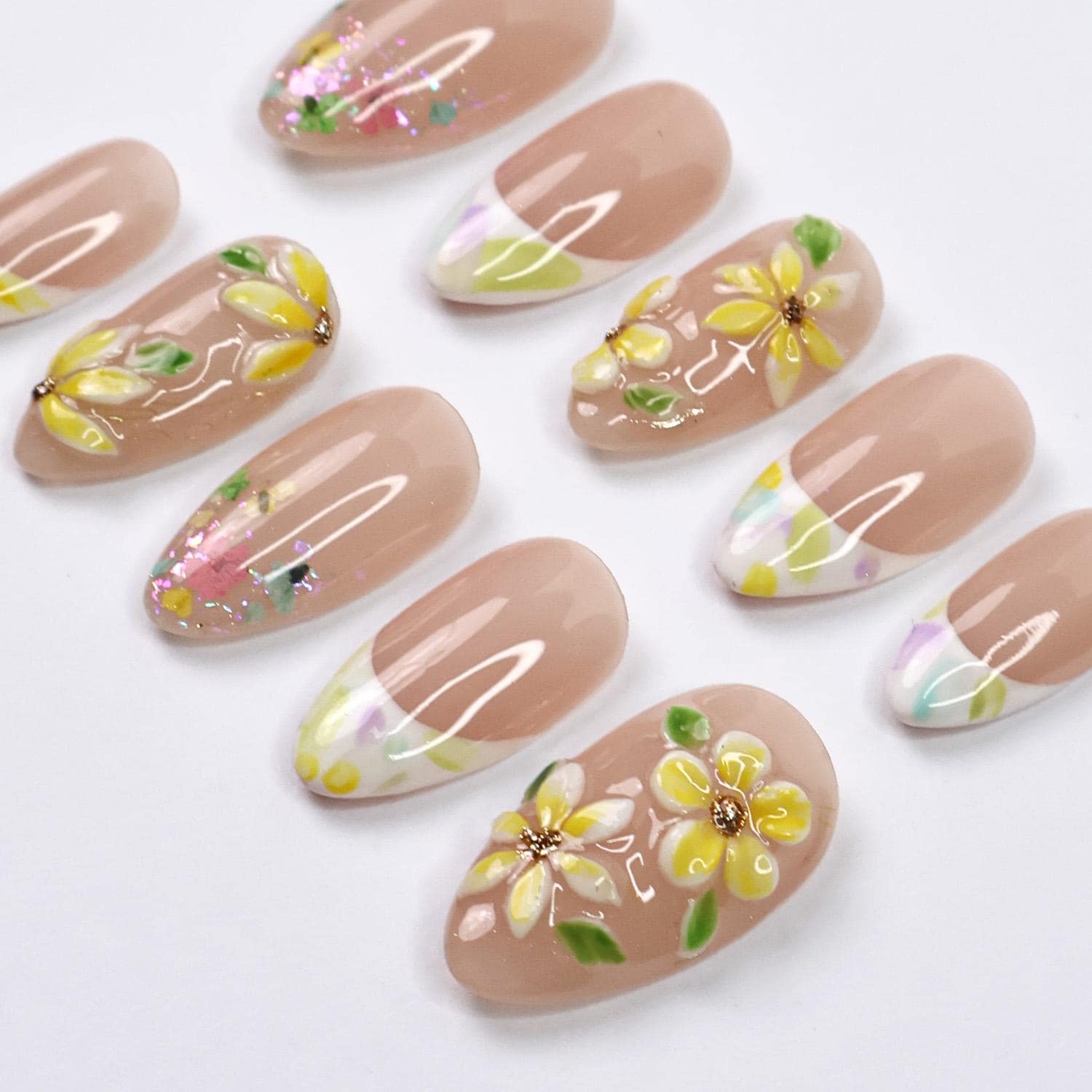 Press On Nails Sunpetal with 3D Plumeria | French Tips Fake Nails in Short Almond | Handmade Spring Nail Art for Holiday, Vacation, Birthday