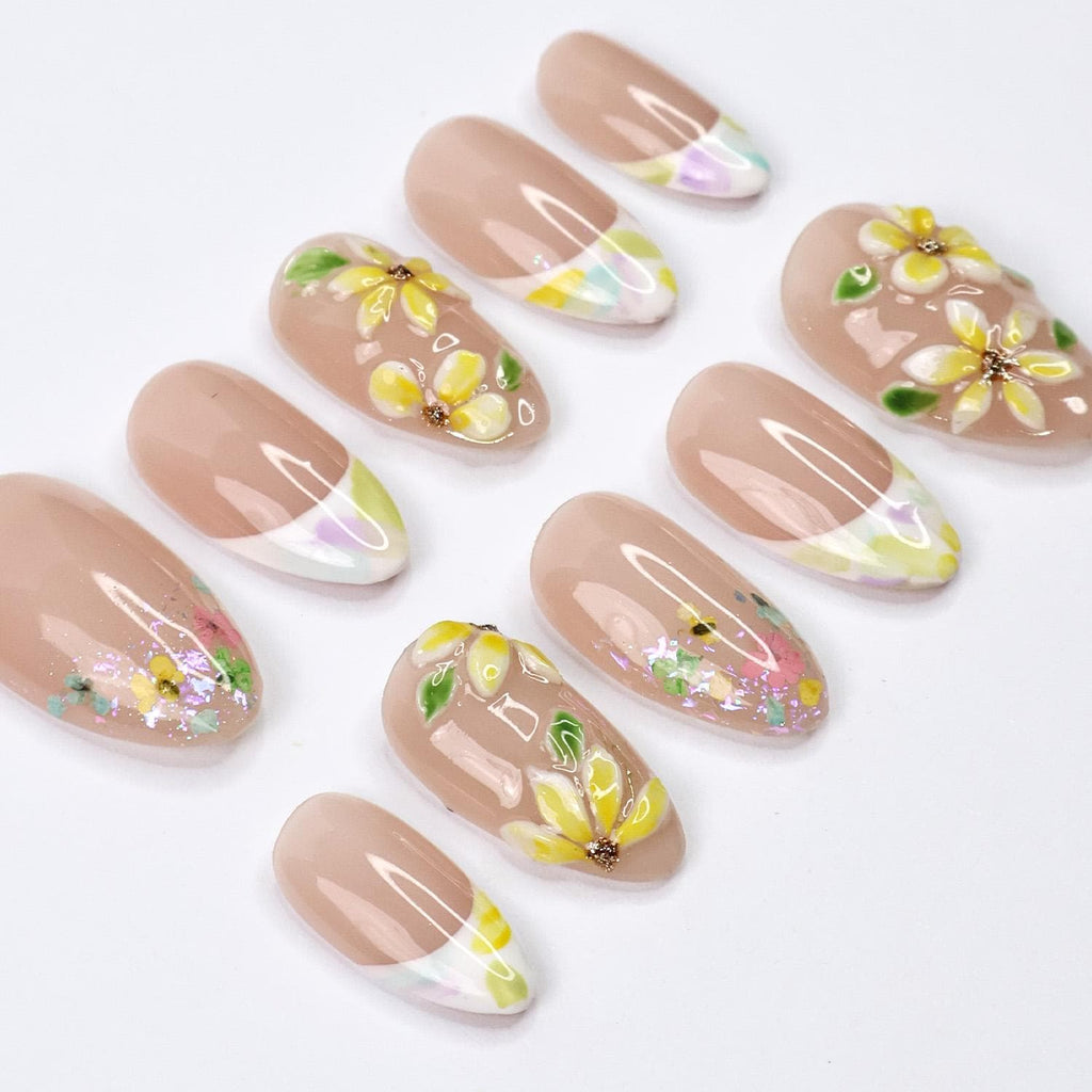Press On Nails Sunpetal with 3D Plumeria | French Tips Fake Nails in Short Almond | Handmade Spring Nail Art for Holiday, Vacation, Birthday
