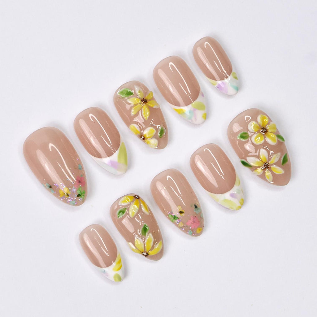 Press On Nails Sunpetal with 3D Plumeria | French Tips Fake Nails in Short Almond | Handmade Spring Nail Art for Holiday, Vacation, Birthday