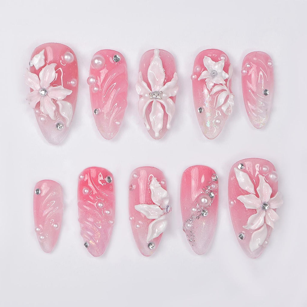 Press On Nails Blossoms with Pearl Accents | 3D Floral Fake Nails in Medium Almond | Handmade Bridal Nail Art for Wedding, Prom, Birthday