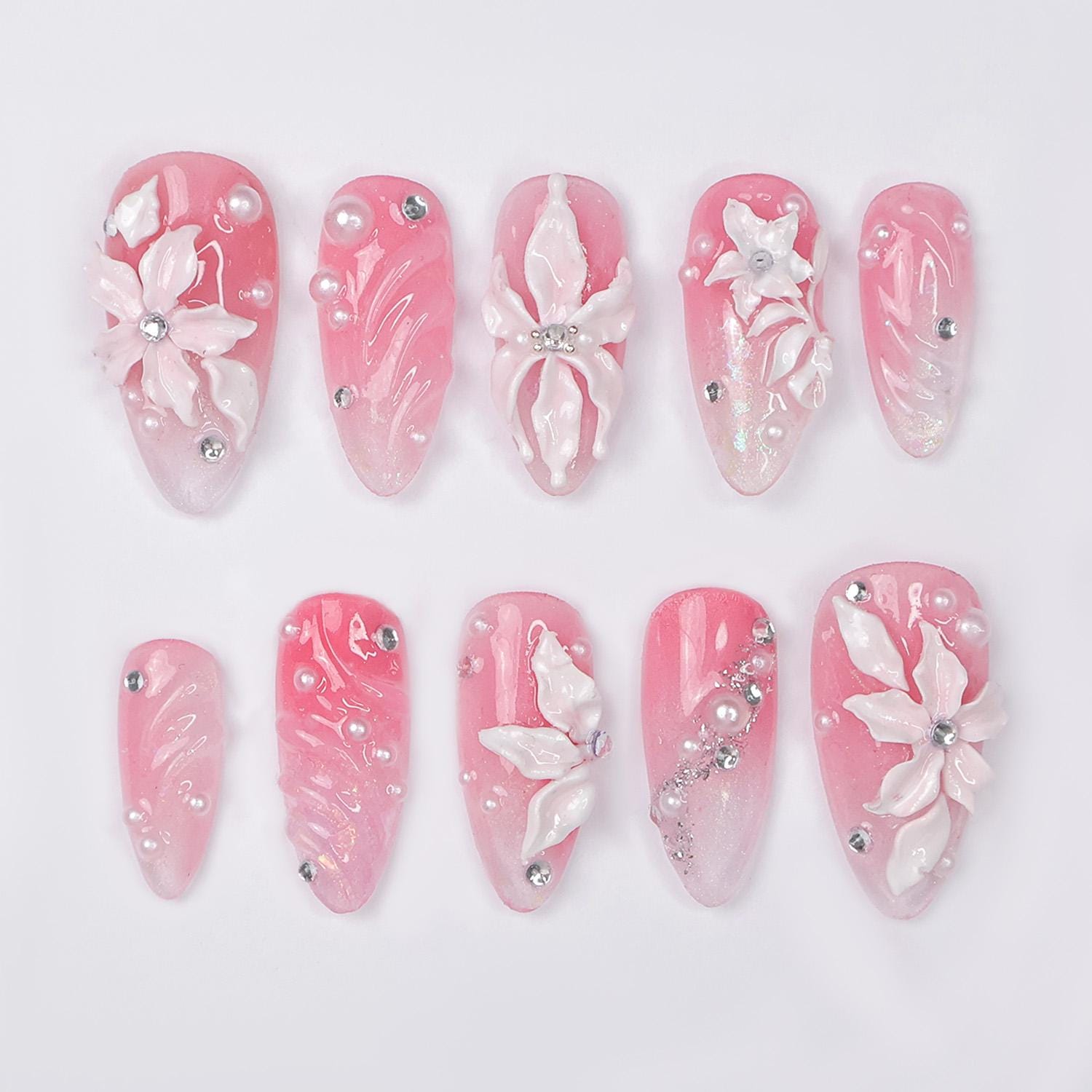 Press On Nails Blossoms with Pearl Accents | 3D Floral Fake Nails in Medium Almond | Handmade Bridal Nail Art for Wedding, Prom, Birthday