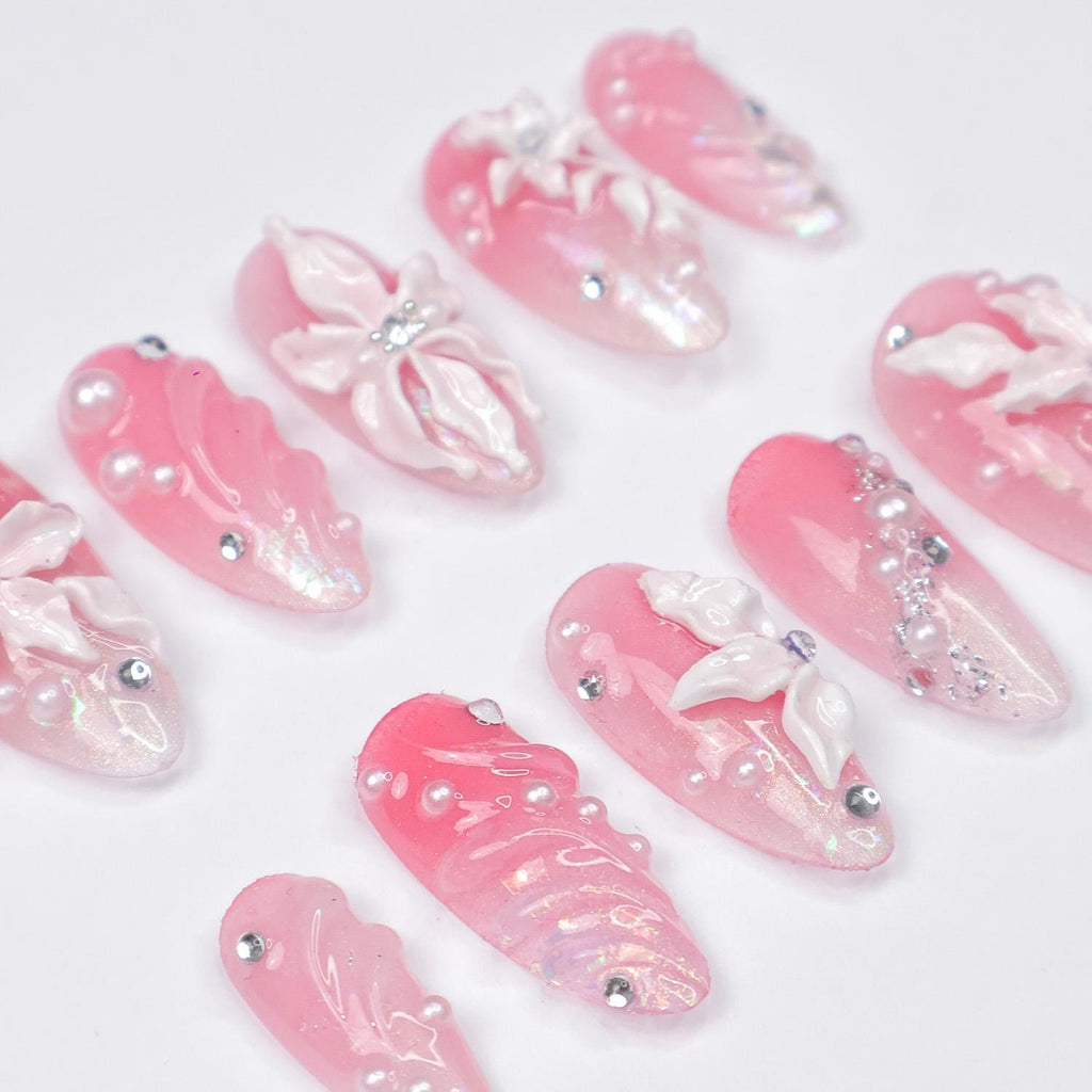 Press On Nails Blossoms with Pearl Accents | 3D Floral Fake Nails in Medium Almond | Handmade Bridal Nail Art for Wedding, Prom, Birthday