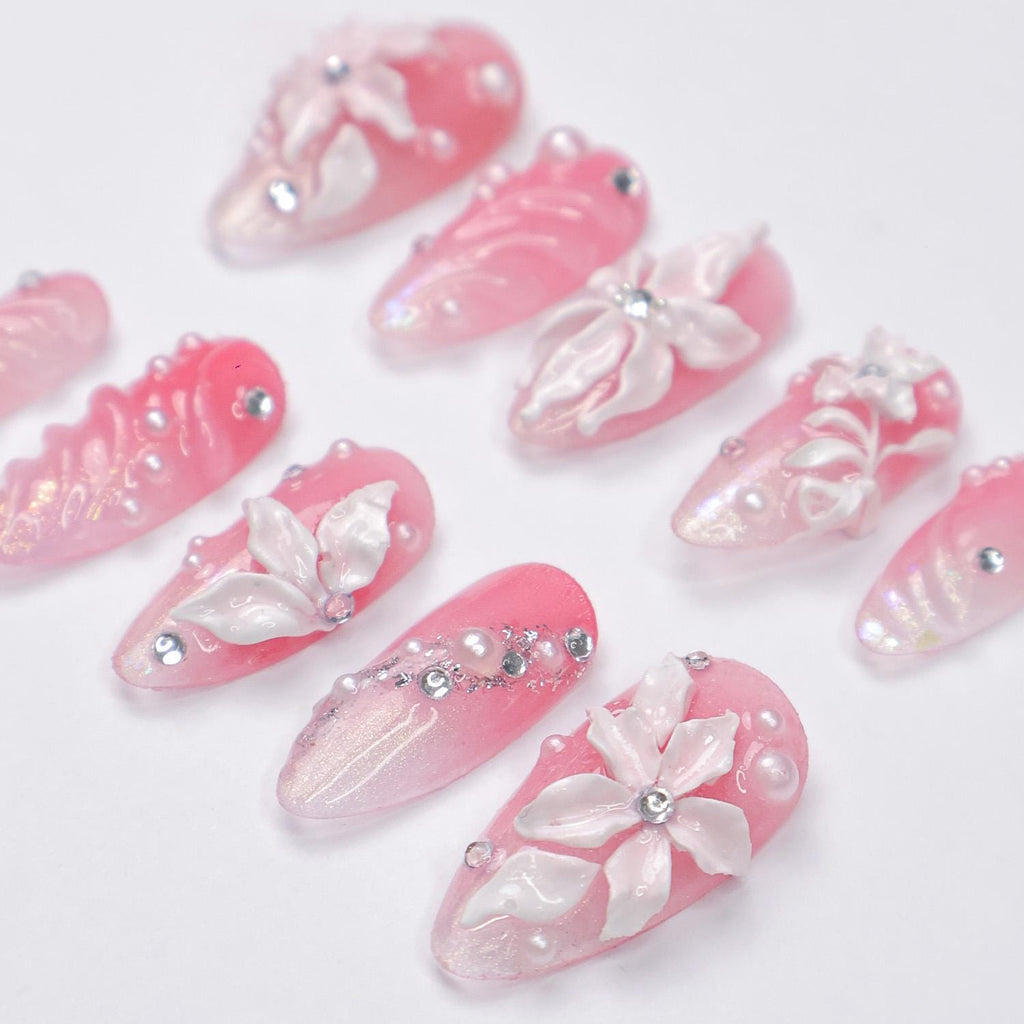 Press On Nails Blossoms with Pearl Accents | 3D Floral Fake Nails in Medium Almond | Handmade Bridal Nail Art for Wedding, Prom, Birthday