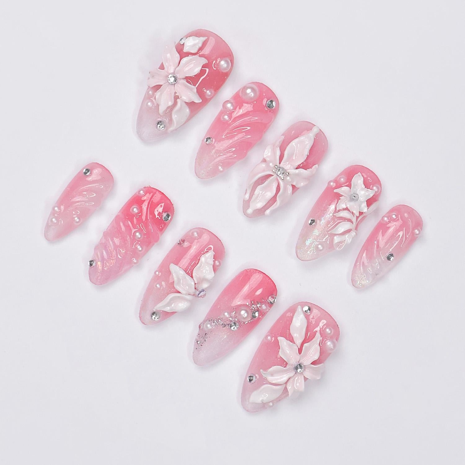 Press On Nails Blossoms with Pearl Accents | 3D Floral Fake Nails in Medium Almond | Handmade Bridal Nail Art for Wedding, Prom, Birthday