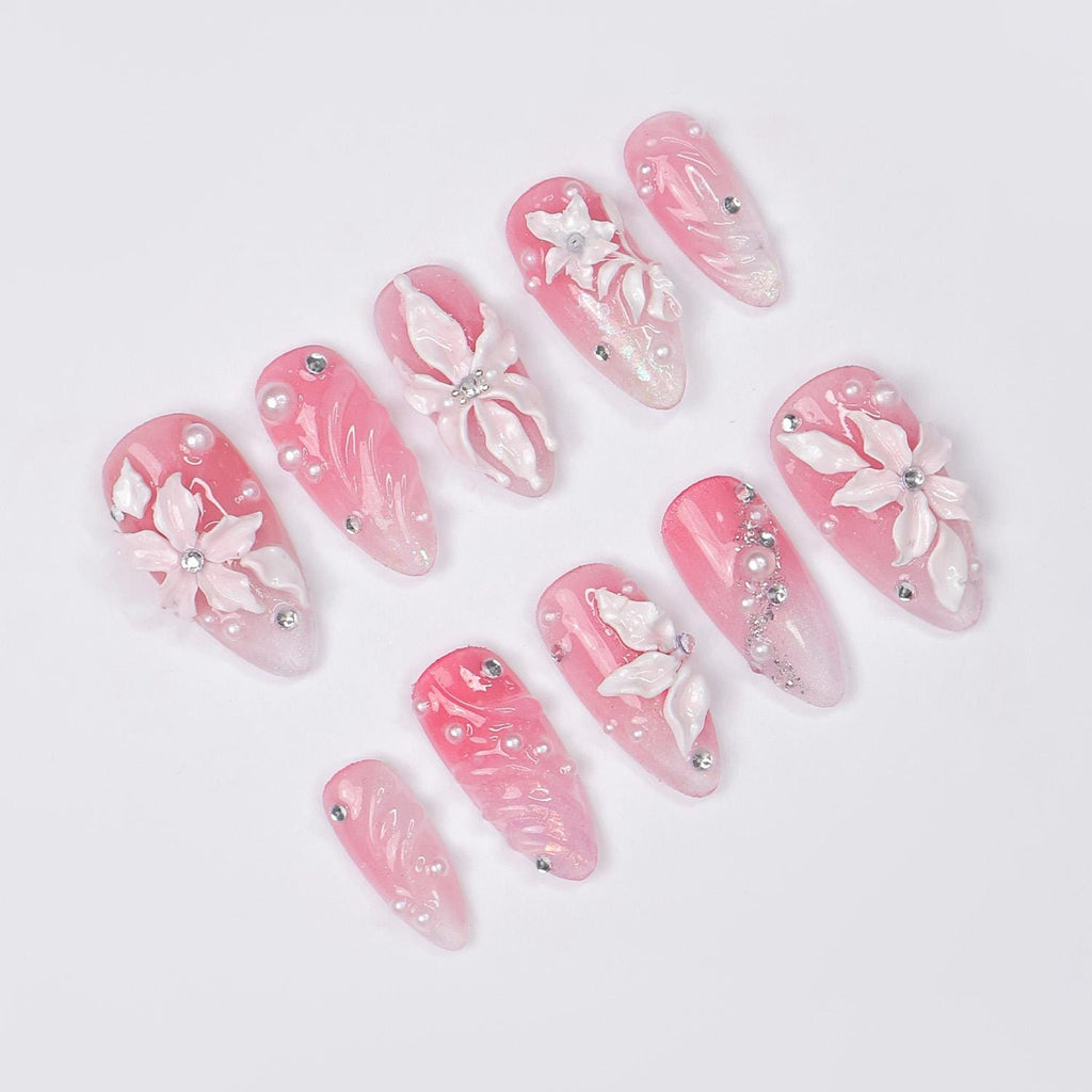 Press On Nails Blossoms with Pearl Accents | 3D Floral Fake Nails in Medium Almond | Handmade Bridal Nail Art for Wedding, Prom, Birthday