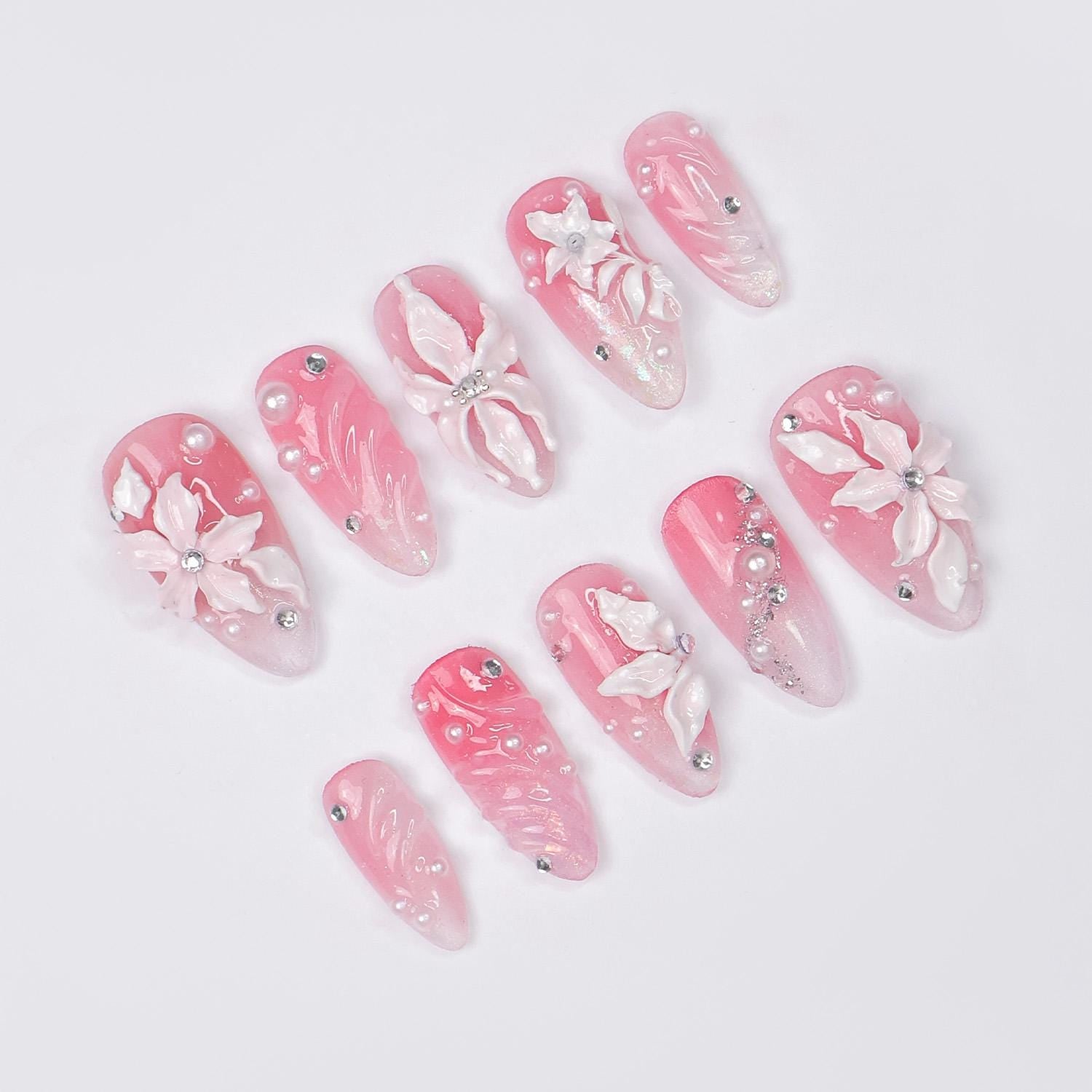 Press On Nails Blossoms with Pearl Accents | 3D Floral Fake Nails in Medium Almond | Handmade Bridal Nail Art for Wedding, Prom, Birthday